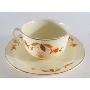 Vintage Hall China Jewel Autumn Leaf Tea Cup & Saucer Ruffled Gold Trim